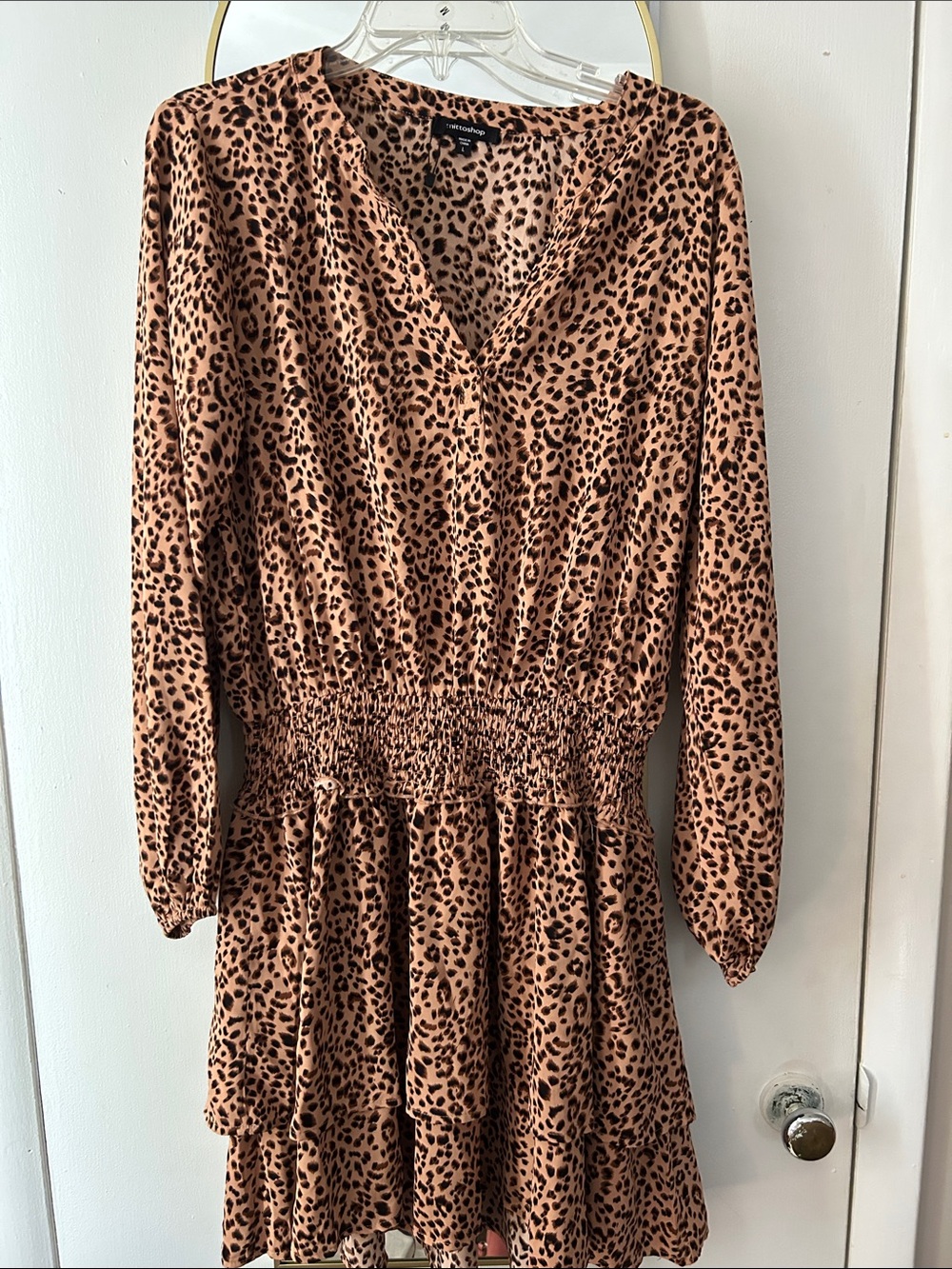 mittoshop Leopard Print Long Sleeve Smocked Waist Dress - Tan & Black